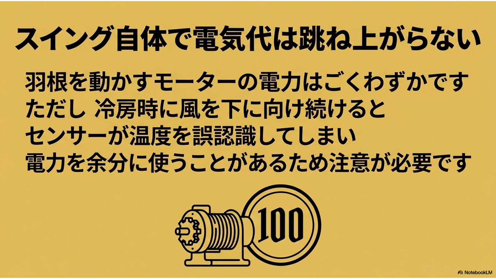 スイング機能自体の消費電力はわずかだが、冷房時に風を下に向け続けるとセンサーが誤認識して電気代が増える注意点を示した図解