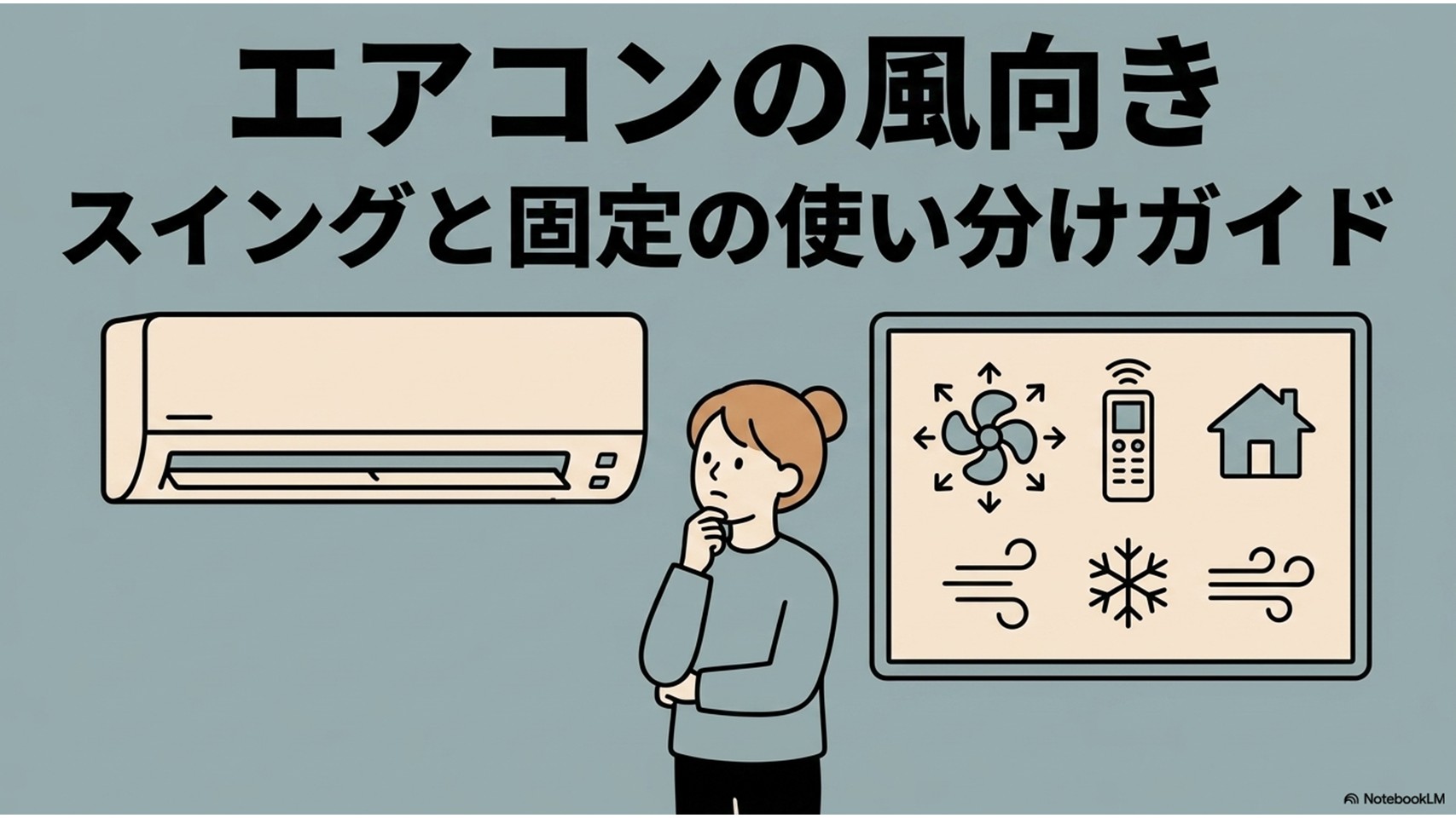 エアコンの風向きをスイングにするか固定にするかの使い分けを解説する、女性が考えている様子のアイキャッチ画像