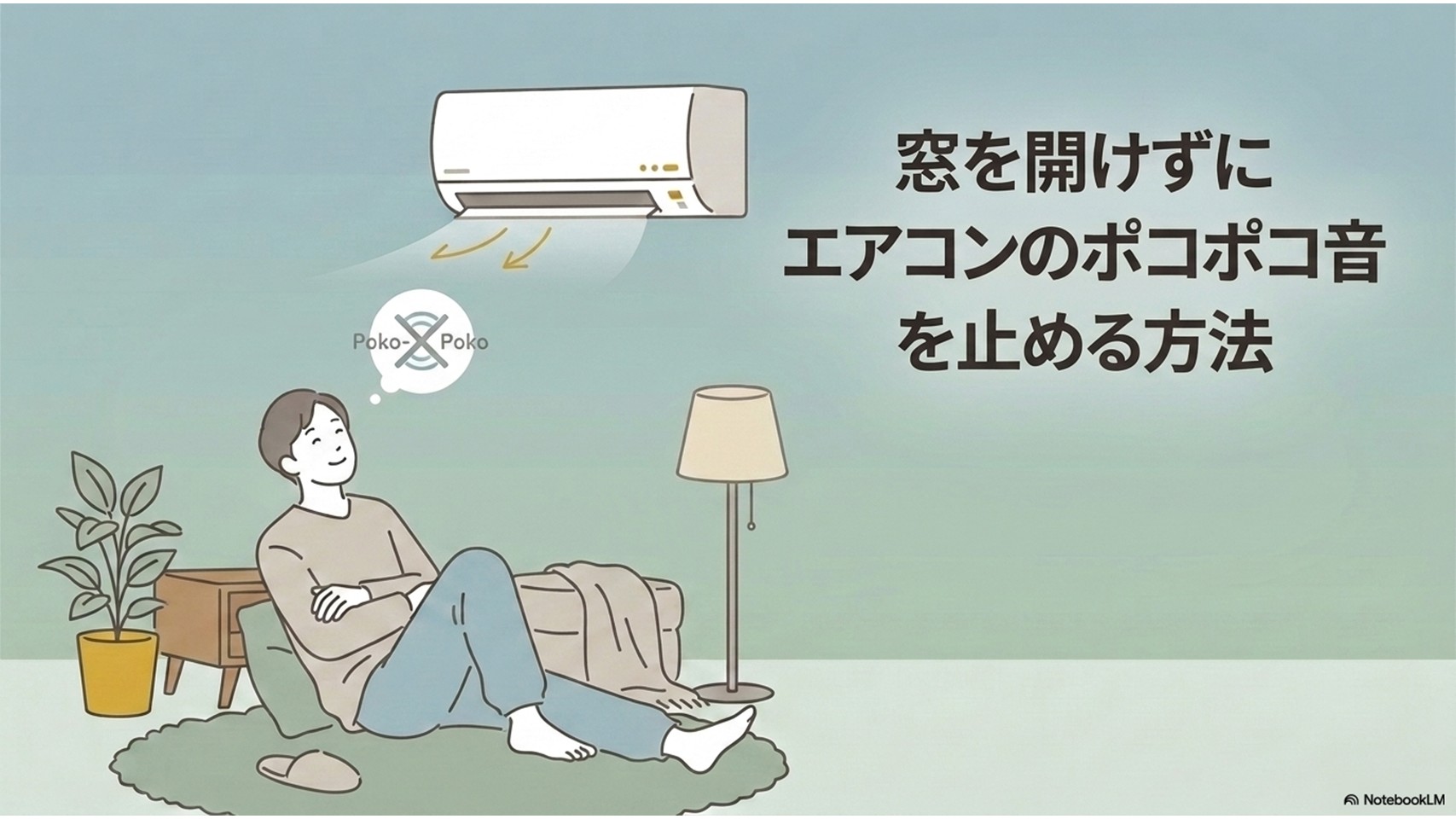 エアコンのポコポコ音に悩む室内の人物と、窓を開けずに音を止める方法を示した解説スライド