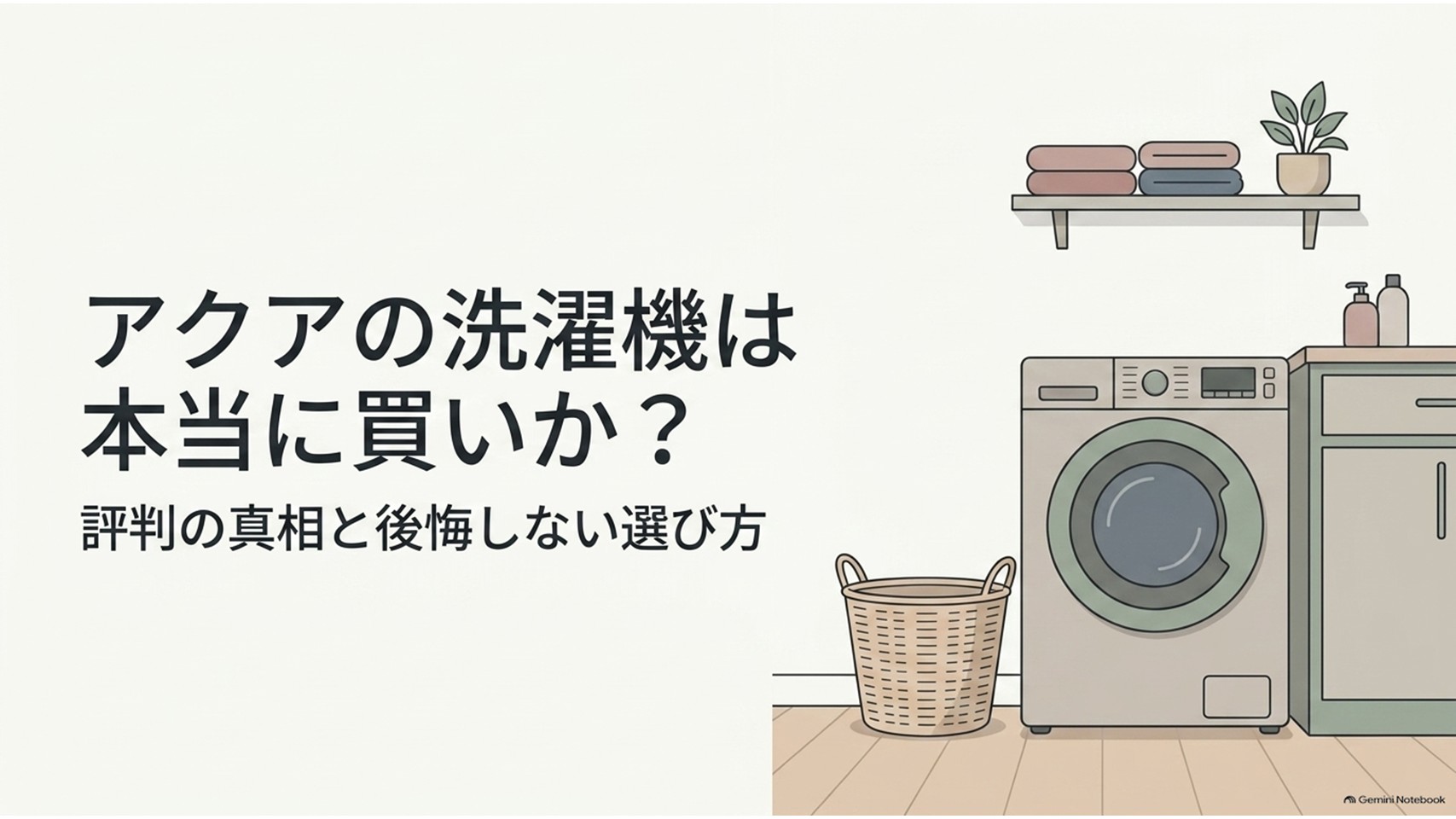 アクアの洗濯機は本当に買いかを解説するアイキャッチ画像。洗面所の洗濯機とランドリーバスケットが描かれている。