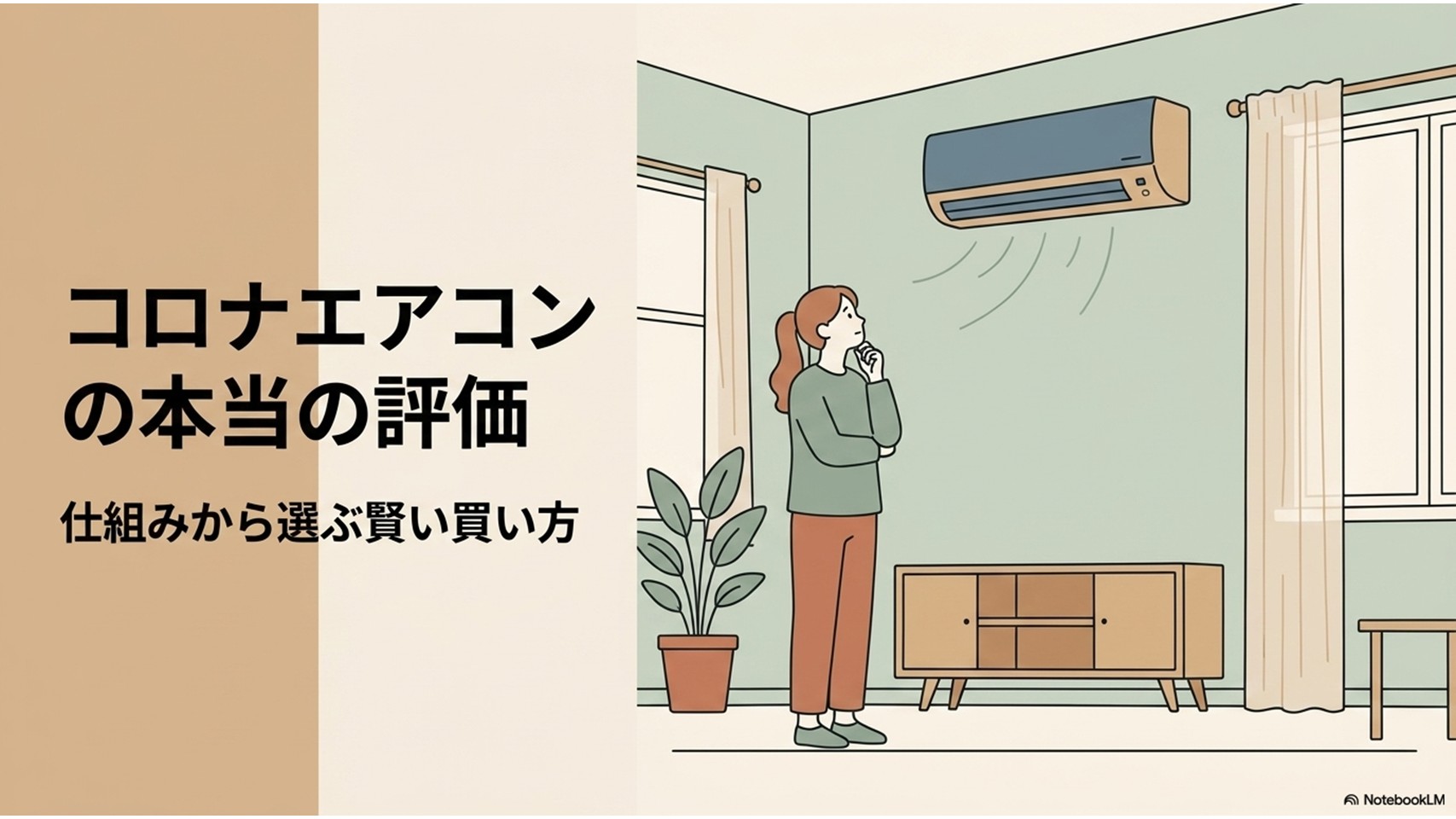 リビングに設置されたコロナエアコンを見上げる女性と、安さの評判や選び方を示したアイキャッチ画像
