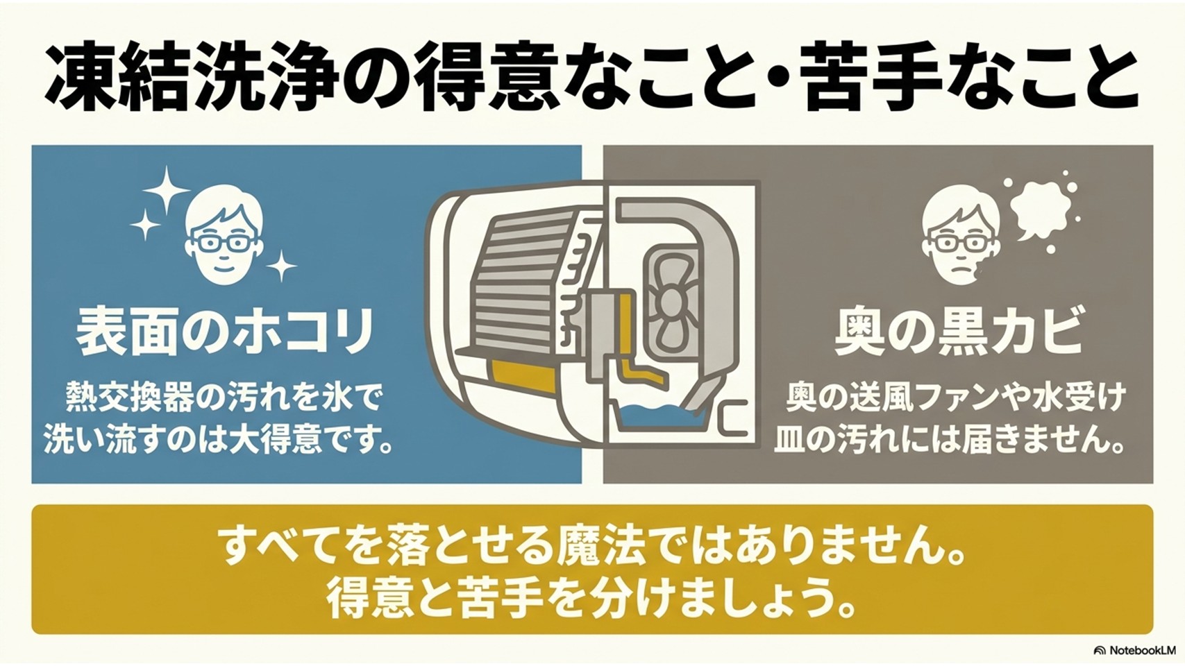 凍結洗浄の得意・不得意の解説。熱交換器の表面ホコリは得意だが、ファンの奥の黒カビは苦手であることを示す図解