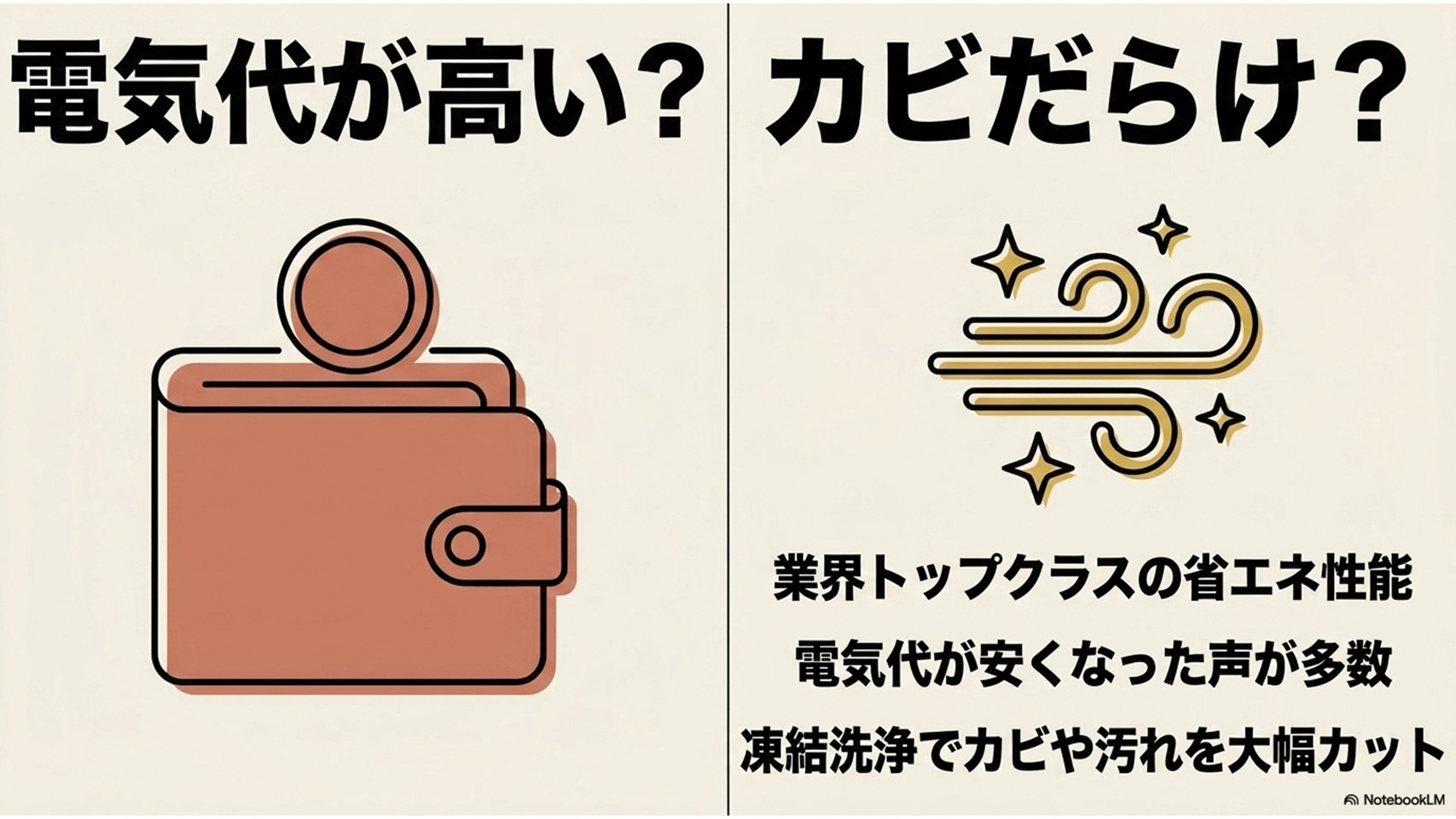 左側に財布とコインのイラスト、右側にきれいな空気の流れのイラストが描かれ、「電気代が高い?カビだらけ?」という疑問に対し、「業界トップクラスの省エネ性能」「電気代が安くなった声が多数」「凍結洗浄でカビや汚れを大幅カット」と説明されたスライド