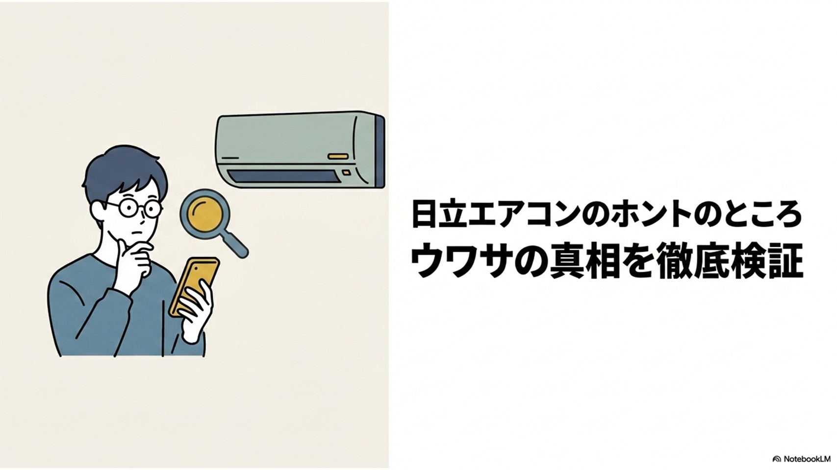 薄いベージュの背景の左側に、エアコンを見上げながらスマホと虫眼鏡を持つ男性のイラストが描かれ、右側に「日立エアコンのホントのところ ウワサの真相を徹底検証」と大きく書かれたタイトル用のスライド