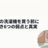 ミーレの洗濯機を購入する前に知っておきたい6つの弱点と真実を紹介するスライド。ドラム式洗濯機の横で購入を検討する女性が描かれ、価格・設置・洗濯時間・容量・乾燥・修理費などのデメリットを確認する記事の導入を表している。