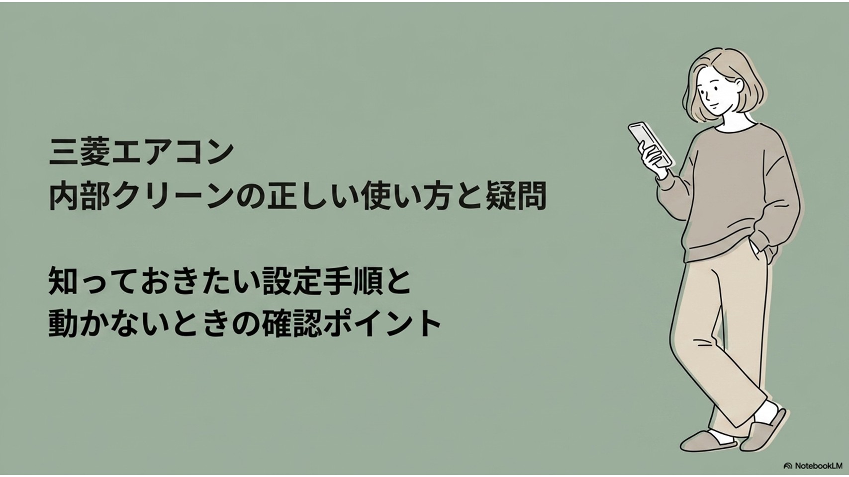 三菱エアコンの内部クリーンについて、正しい使い方と疑問点を整理する記事のアイキャッチ画像。リモコンを持つ女性と案内文が描かれている。