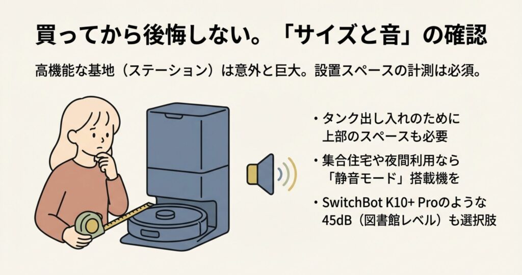 ロボット掃除機のステーション設置スペースをメジャーで計測する様子と、静音モード(図書館レベル)のイメージ図