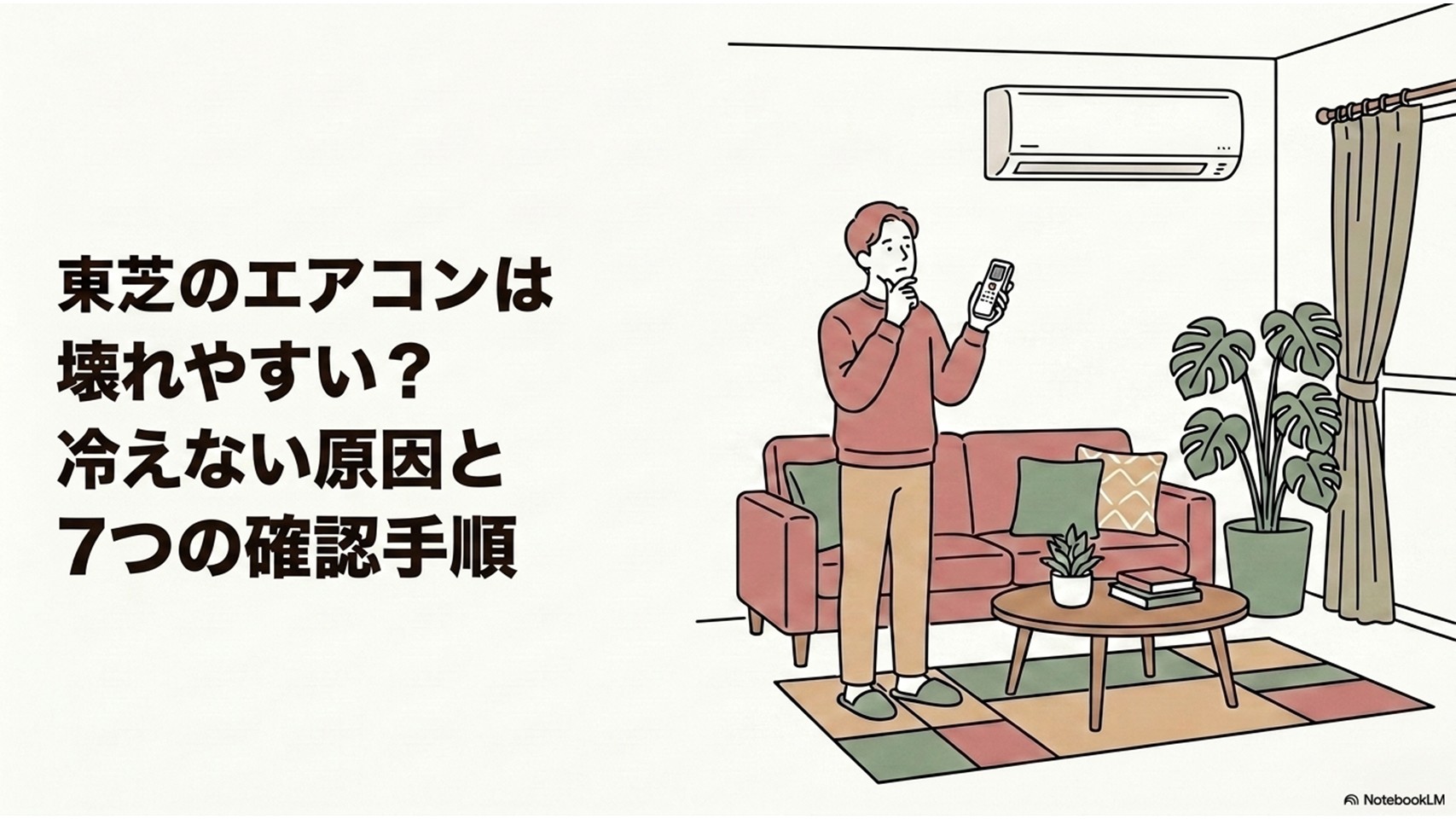 東芝のエアコンが冷えず、リモコンを見ながら困っている人物と室内機を描き、「東芝のエアコンは壊れやすい？冷えない原因と7つの確認手順」と示した記事のアイキャッチ画像