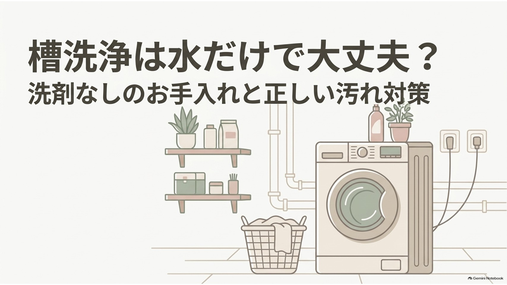 洗濯機の槽洗浄を水だけで行える範囲と、洗剤なしのお手入れで注意したい汚れ対策を示すアイキャッチ画像。