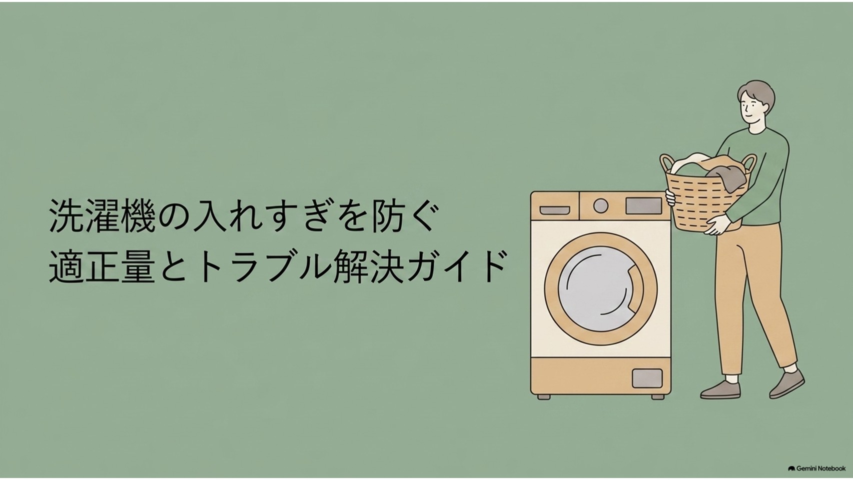 洗濯機の入れすぎを防ぐ適正量とトラブル解決ガイドのアイキャッチ画像。洗濯物が入ったカゴを持つ人物と洗濯機が描かれ、洗濯物を詰め込みすぎない使い方を紹介している。