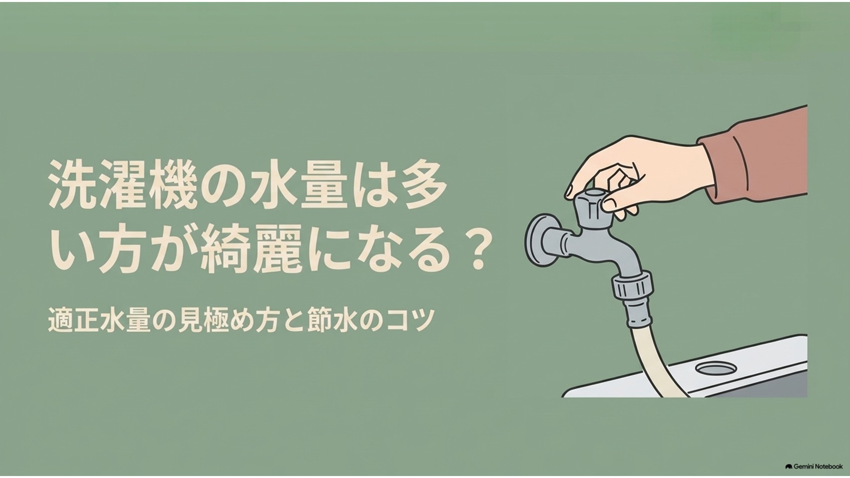 洗濯機の水量は多い方がきれいになるのかを解説するアイキャッチ画像。蛇口と洗濯機ホースが描かれ、適正水量の見極め方と節水のコツを示している。
