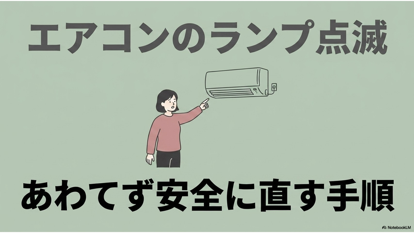 薄緑色の背景に「エアコンのランプ点滅 あわてず安全に直す手順」と大きな文字が書かれ、エアコンを指差す女性のイラストが描かれたタイトル用スライド
