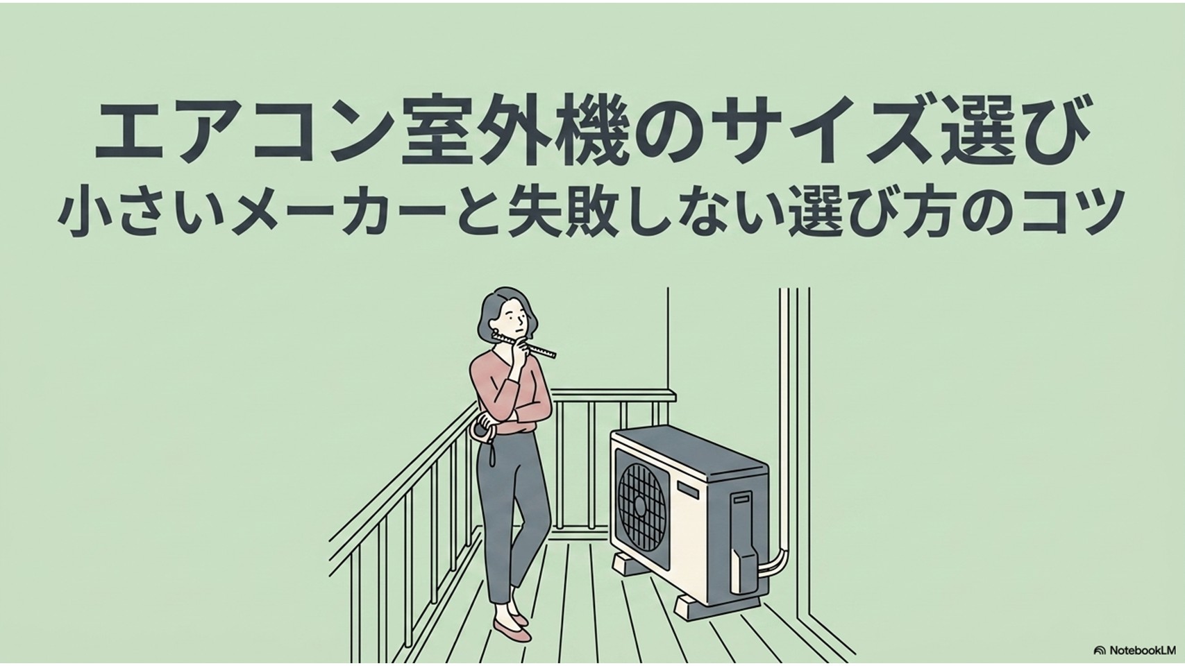 狭いベランダに設置されたエアコン室外機と女性を描き、室外機が小さいメーカー選びのポイントを示したアイキャッチ画像