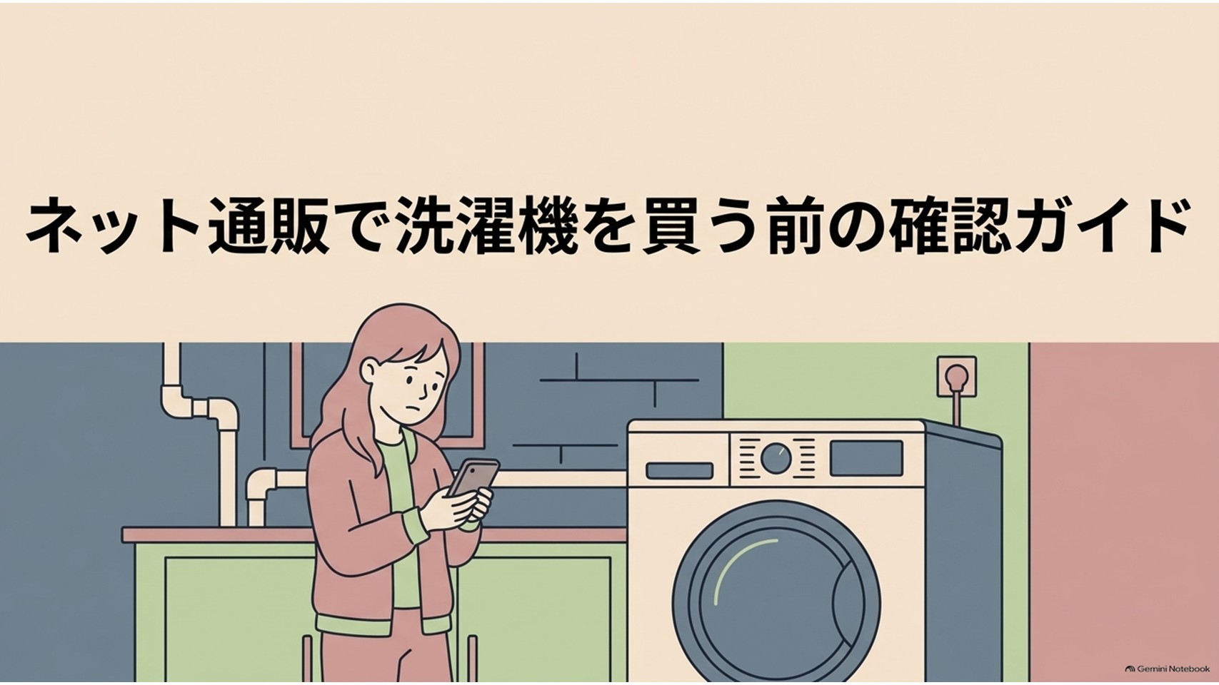 ネット通販で洗濯機を購入する前の確認ポイントを示したスライド。スマートフォンを見ながら洗濯機の購入や設置について確認する女性と洗濯機が描かれ、Amazonなどのネット通販で設置サービスを利用する前の準備をイメージできる。