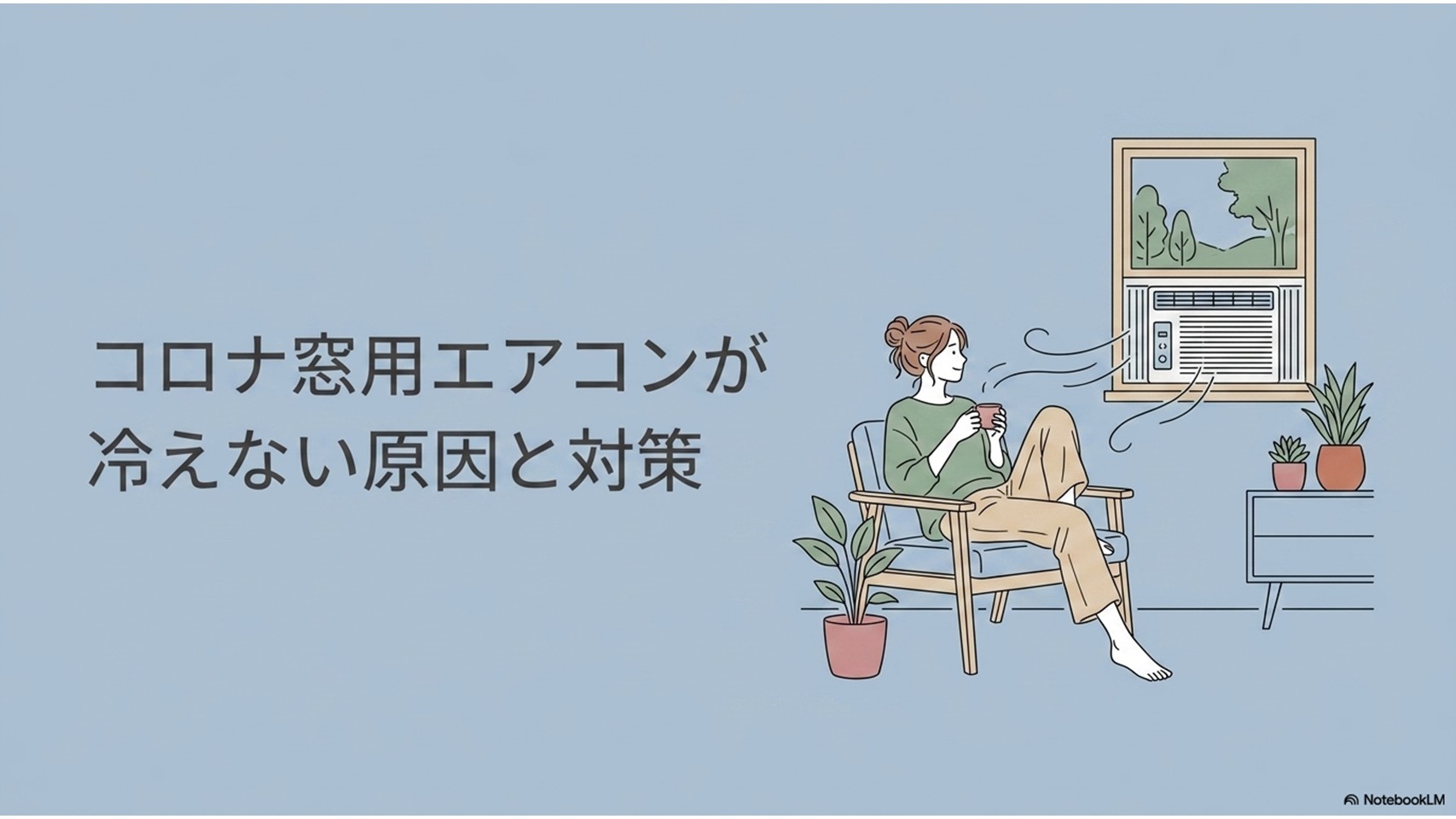 コロナの窓用エアコンが冷えない原因と対策を示すアイキャッチ画像。窓に設置されたエアコンと、涼しくならず困っている女性が描かれている。