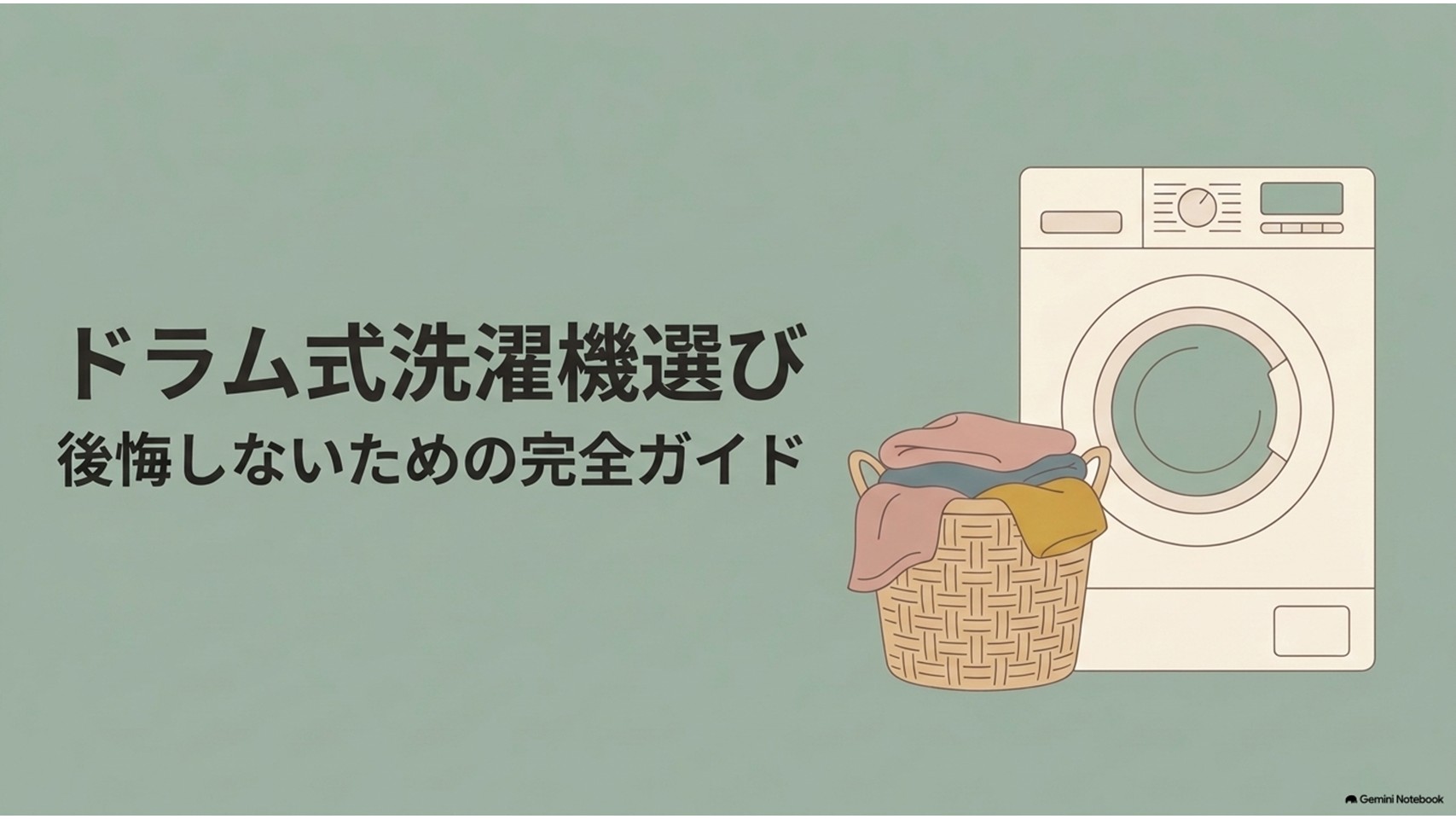 ドラム式洗濯機と洗濯カゴを背景に、後悔しない選び方を示した記事全体の導入スライド。