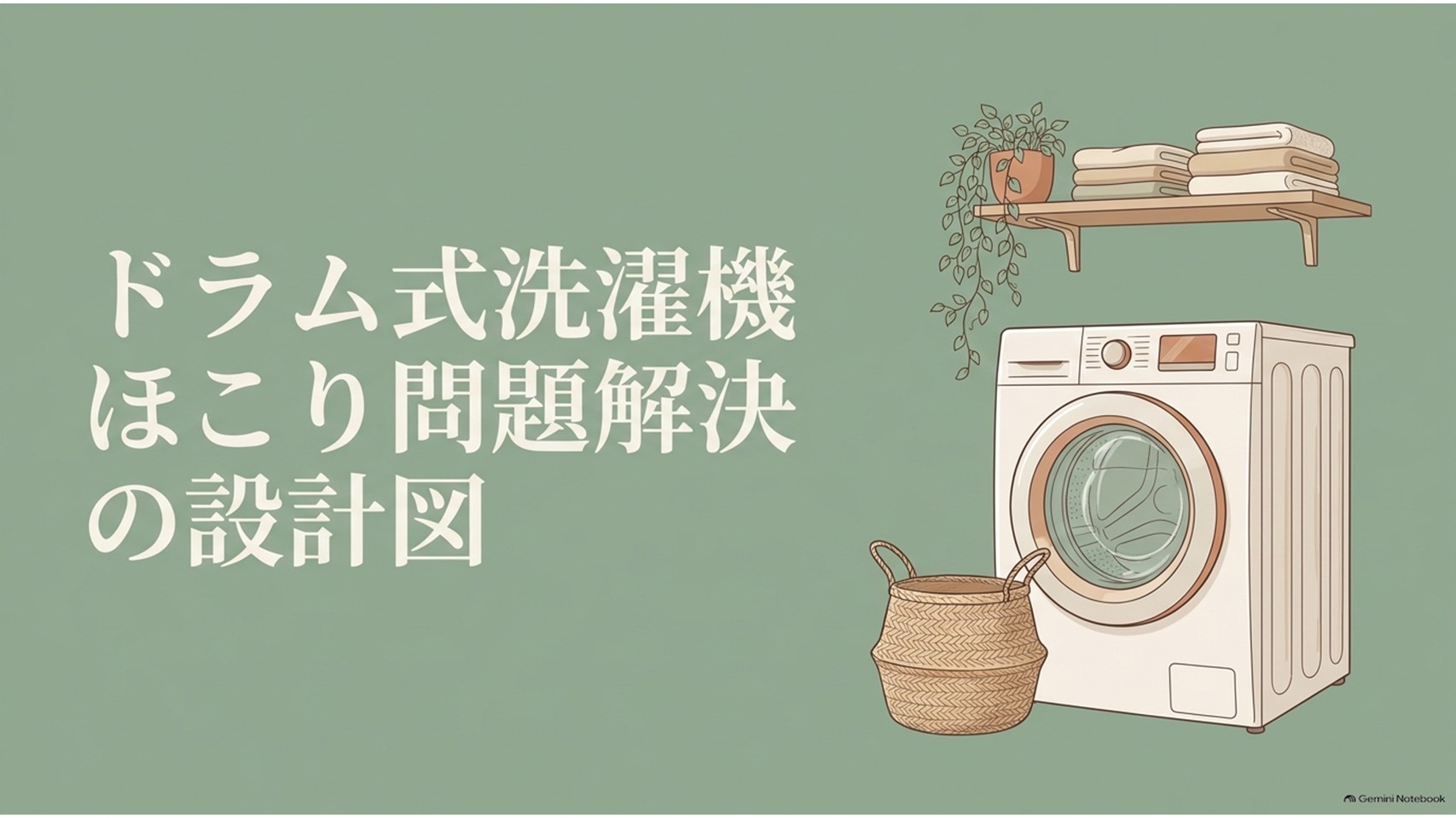 ドラム式洗濯機のほこり問題を解決するための設計図を示したアイキャッチ画像。洗濯機とタオル、洗濯かごが描かれている。