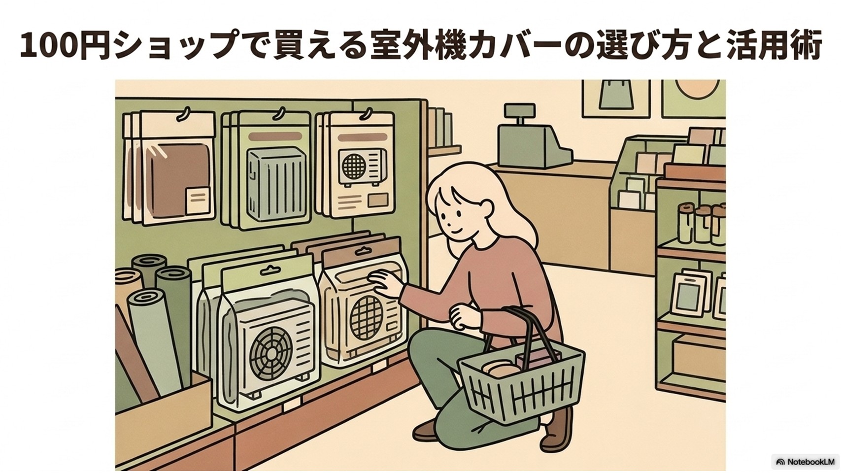 「100円ショップで買える室外機カバーの選び方と活用術」というタイトルとともに、店内で室外機カバーの商品を選ぶ女性のイラスト