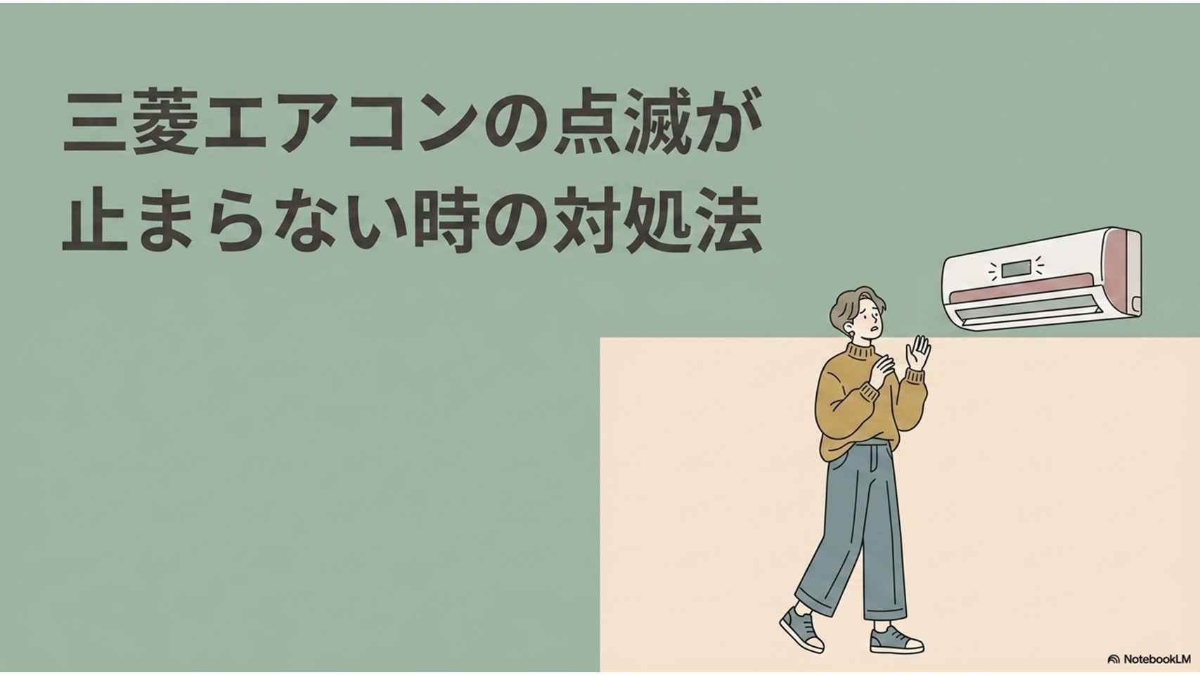 三菱エアコンのランプ点滅が止まらないときの対処法を示すアイキャッチ画像。室内機と、点滅するランプを不安そうに確認する女性が描かれている。