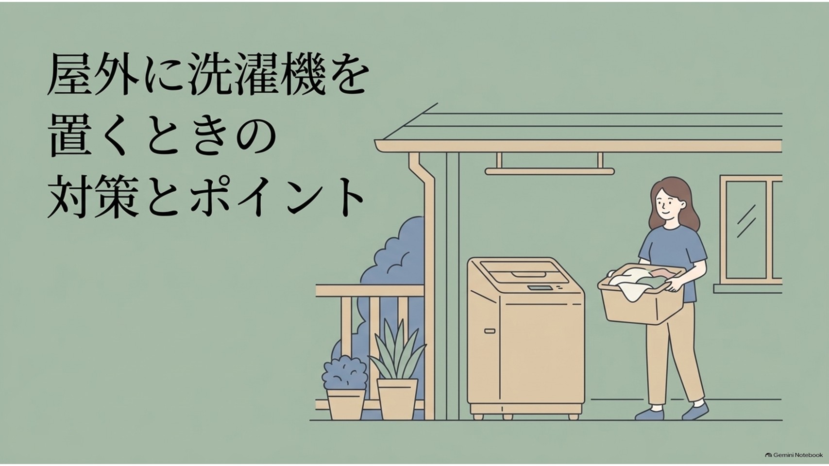 屋根のある屋外スペースに洗濯機を置き、洗濯かごを持つ女性が確認している様子を描いた画像。洗濯機を外置きするときの基本対策を表している。
