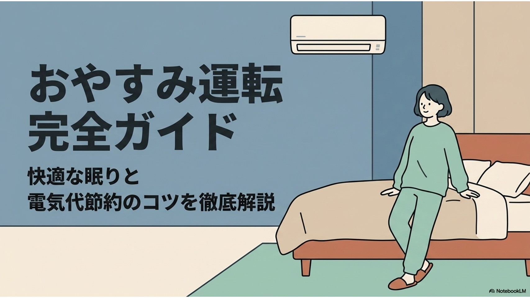 「おやすみ運転完全ガイド 快適な眠りと電気代節約のコツを徹底解説」というタイトル文字と、ベッドの横に立つパジャマ姿の女性とエアコンのイラストが描かれたスライド