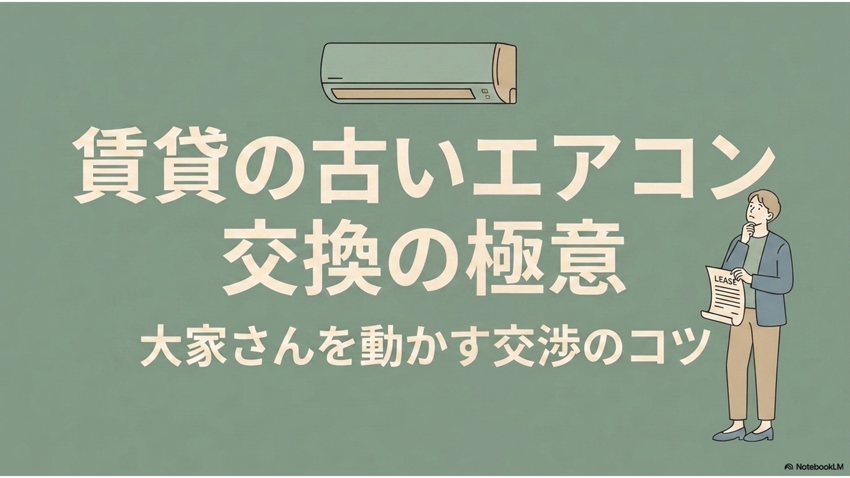 賃貸物件の古いエアコンを交換してほしい人向けに、大家さんを動かす交渉のコツを示したタイトルスライド