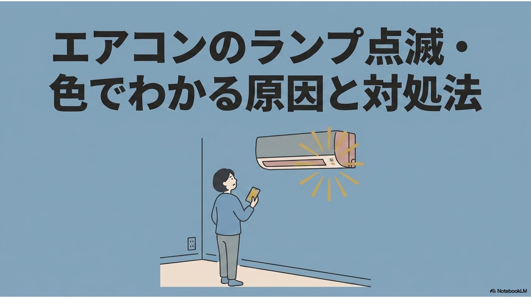 くすみブルーの背景に「エアコンのランプ点滅・色でわかる原因と対処法」と大きな文字。スマートフォンの画面を見ながら壁掛けエアコンを見上げ、ランプがチカチカと黄色く光っている様子を困り顔で見つめる女性のイラストが描かれたタイトル用スライド