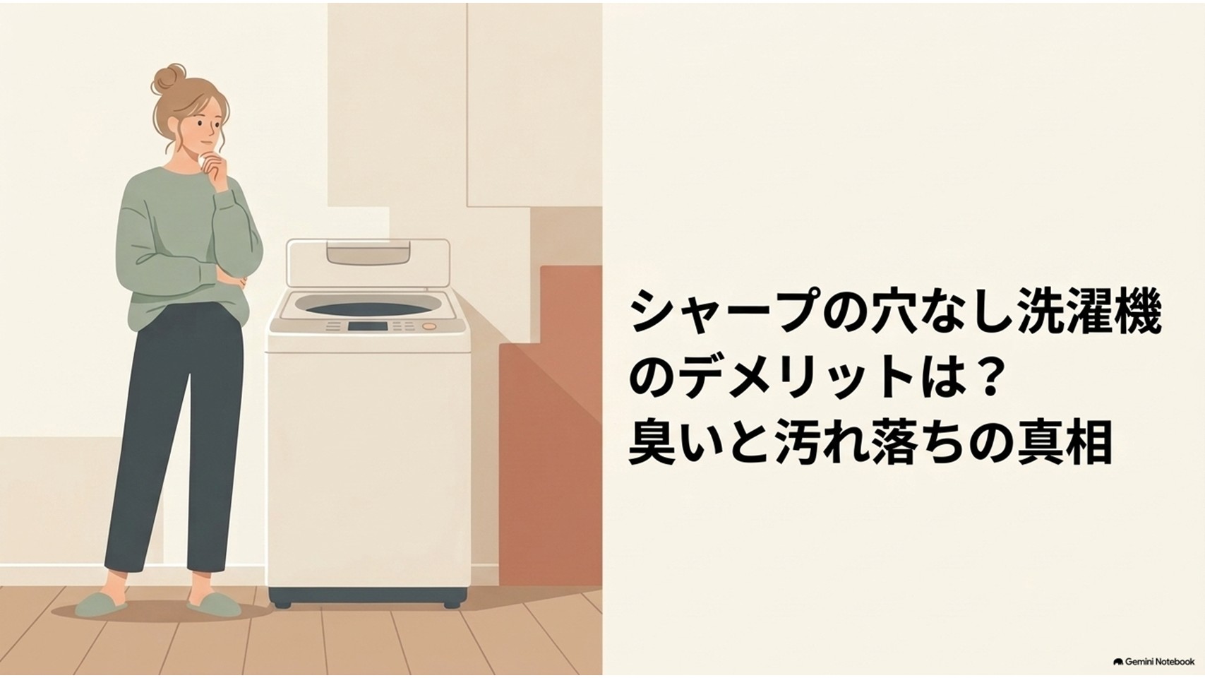 シャープの穴なし洗濯機の横で女性が考え込む様子と、臭いや汚れ落ちの不安を示した解説スライド。