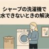 シャープの洗濯機で脱水できないときの解決法を紹介するスライド。洗濯機とランドリーバスケットの前で困った表情をする女性が描かれ、脱水トラブルの原因と対処法を解説する記事の全体像を表している。