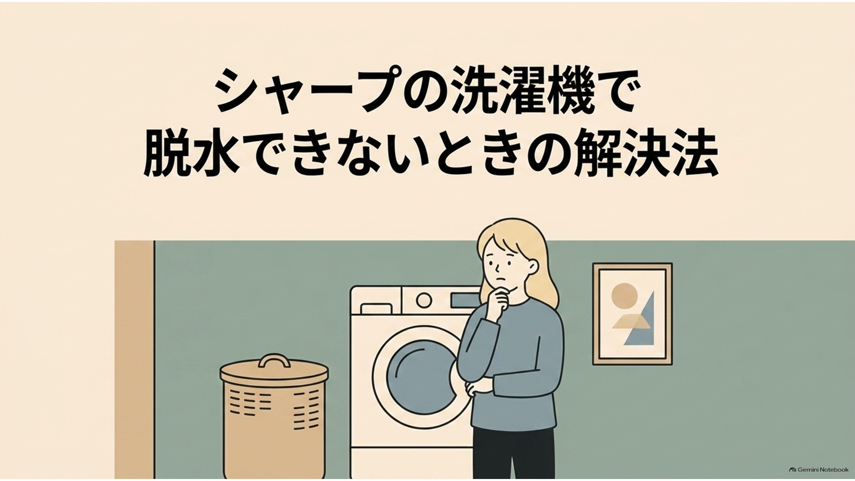 シャープの洗濯機で脱水できないときの解決法を紹介するスライド。洗濯機とランドリーバスケットの前で困った表情をする女性が描かれ、脱水トラブルの原因と対処法を解説する記事の全体像を表している。