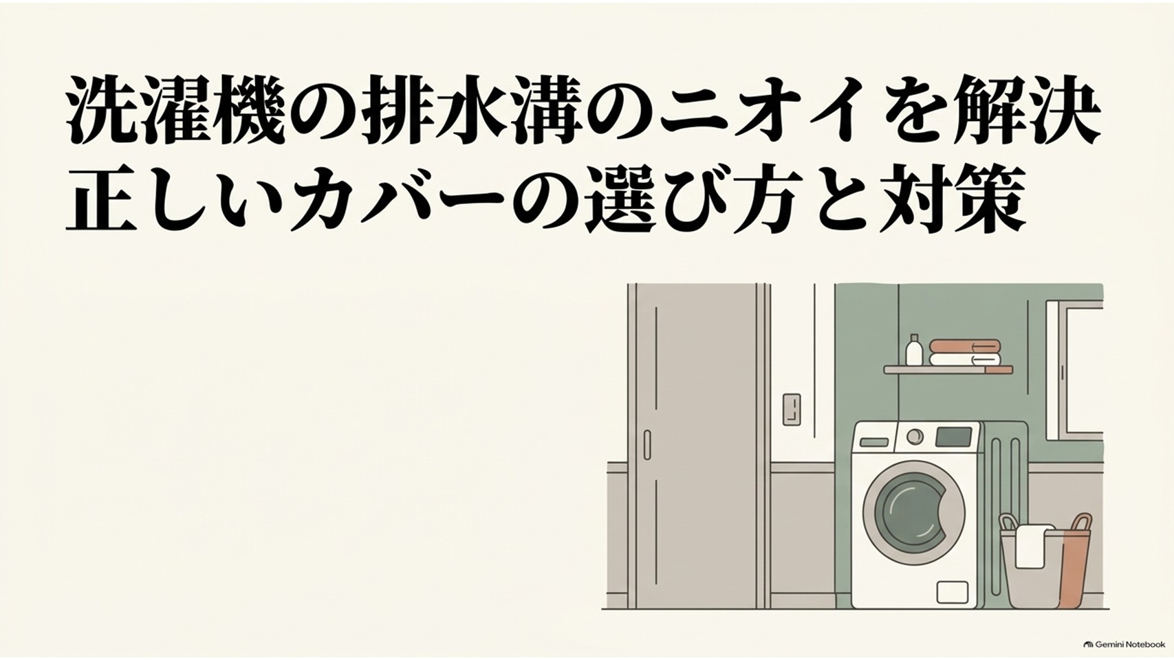 洗濯機の排水溝から発生するニオイの対策と、正しい排水溝カバーの選び方を紹介するスライド。洗面所に設置された洗濯機と排水口まわりをイメージしたイラストが描かれている。
