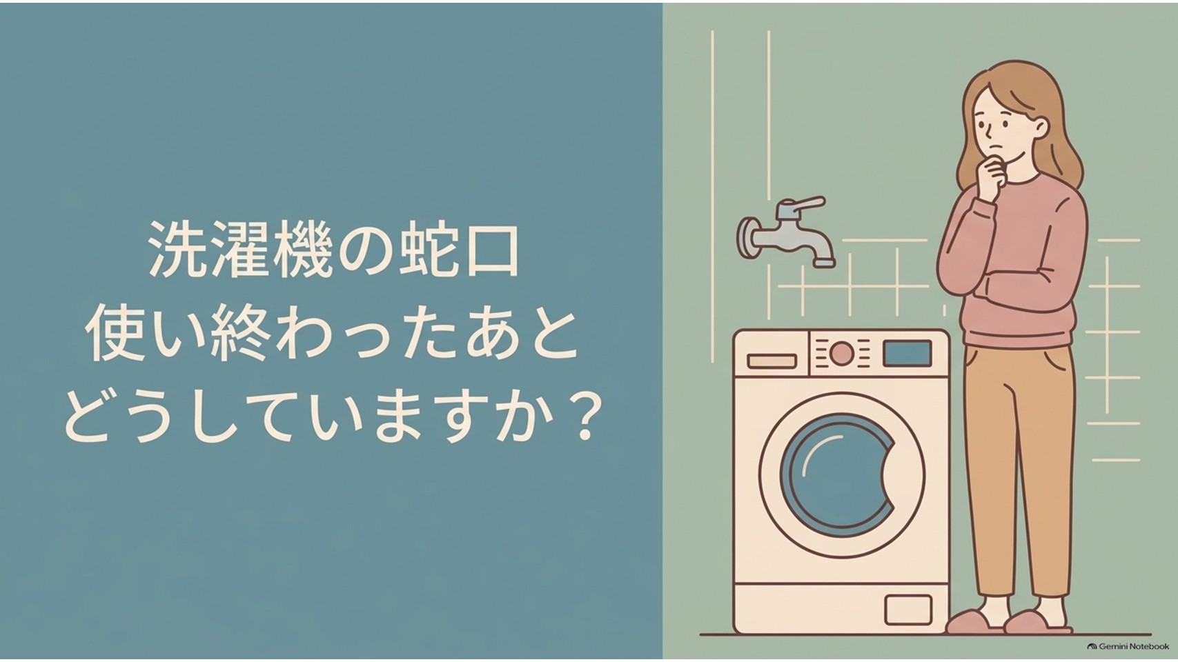 洗濯機の使用後に蛇口を閉めるべきか悩む女性と、洗濯機上部の蛇口を示した解説スライド。