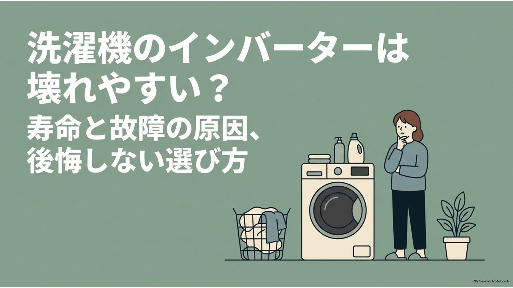 洗濯機のインバーターが壊れやすいのか悩む女性と洗濯機を描いた画像。寿命や故障原因、後悔しない選び方を解説する内容を示している。
