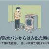 防水パンから洗濯機がはみ出して困っている人に向けて、現状を確認しながら正しい方法で対処することの大切さを示したスライド。ドラム式洗濯機の横でメジャーを使って設置スペースを確認する人物が描かれている。