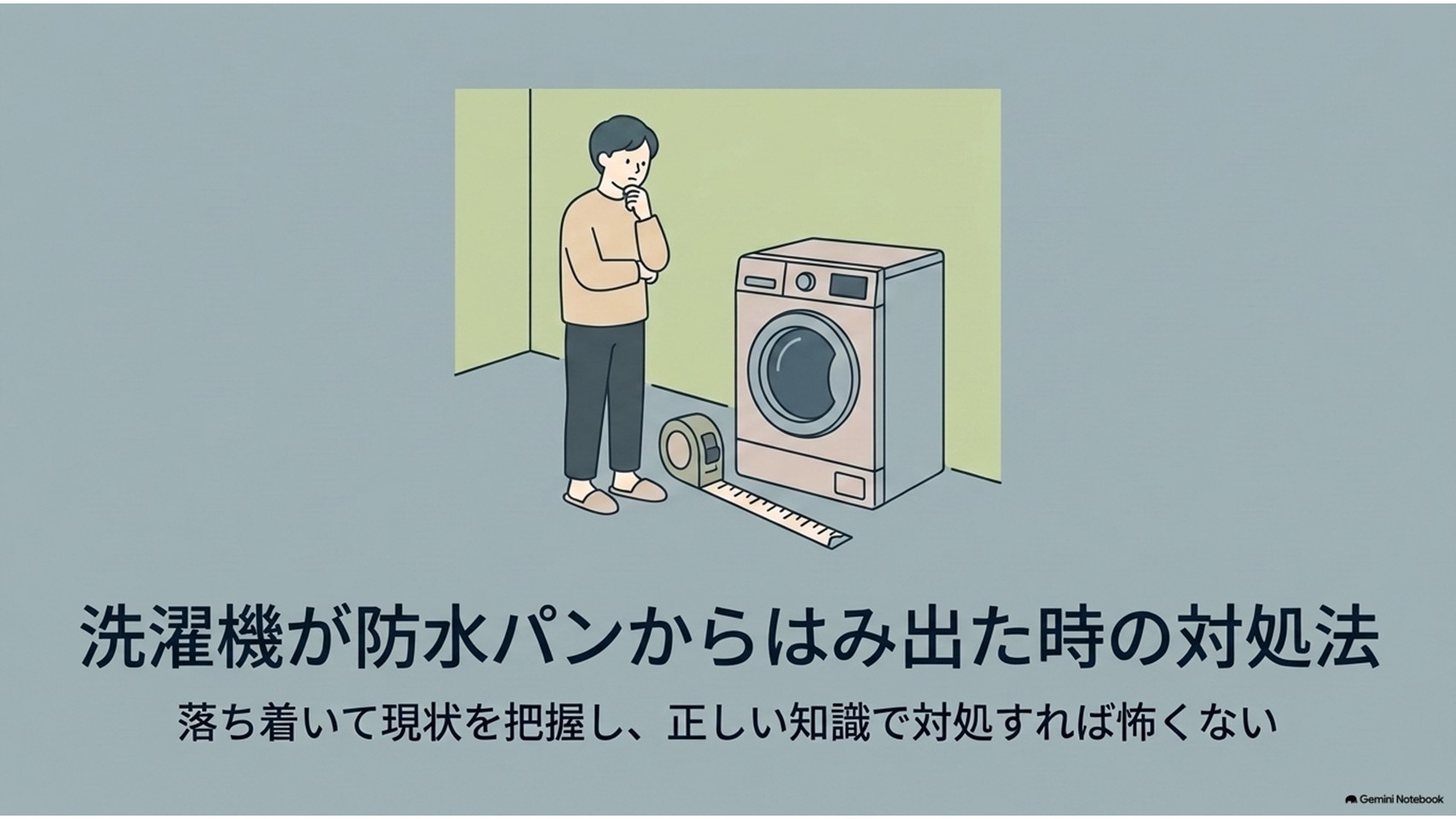 防水パンから洗濯機がはみ出して困っている人に向けて、現状を確認しながら正しい方法で対処することの大切さを示したスライド。ドラム式洗濯機の横でメジャーを使って設置スペースを確認する人物が描かれている。