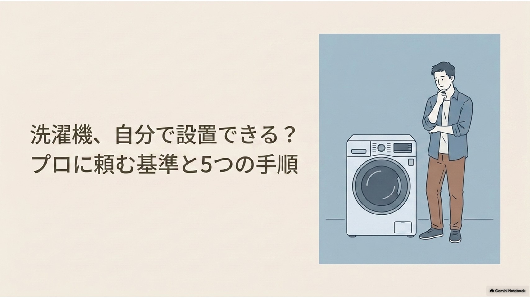 洗濯機を自分で設置できるか悩む男性と、洗面所に置かれたドラム式洗濯機を描いたアイキャッチ画像。プロに頼む基準と5つの設置手順を解説する内容を示している。