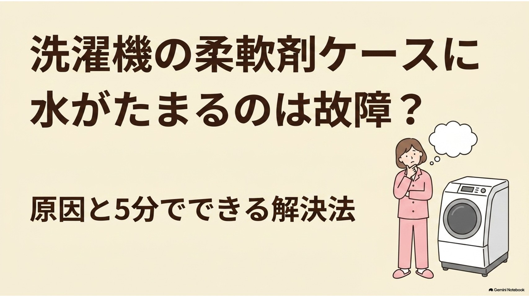 洗濯機の柔軟剤ケースに水がたまるのは故障なのかを解説する導入スライド。洗濯機の横で水残りを心配する女性が描かれ、主な原因と5分でできる解決法を紹介する内容になっている。