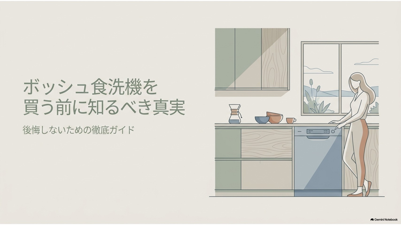 ボッシュ食洗機を購入前に知るべき注意点を示すスライド。キッチン横に立つ女性とビルトイン食洗機が描かれている。