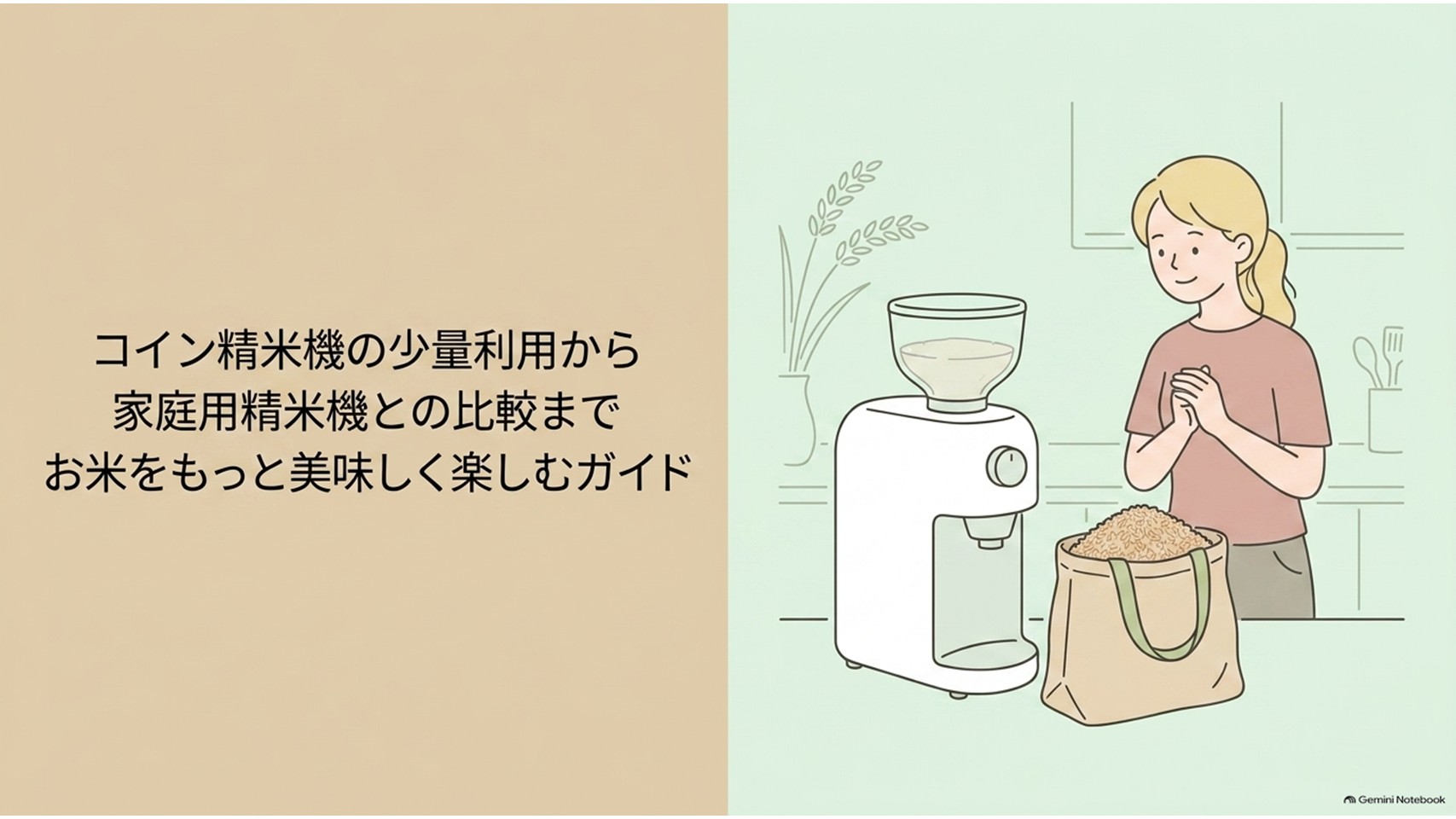 コイン精米機の少量利用から家庭用精米機との比較まで、お米をおいしく楽しむ方法を案内するスライド。家庭用精米機と玄米袋の前に立つ女性が描かれている。