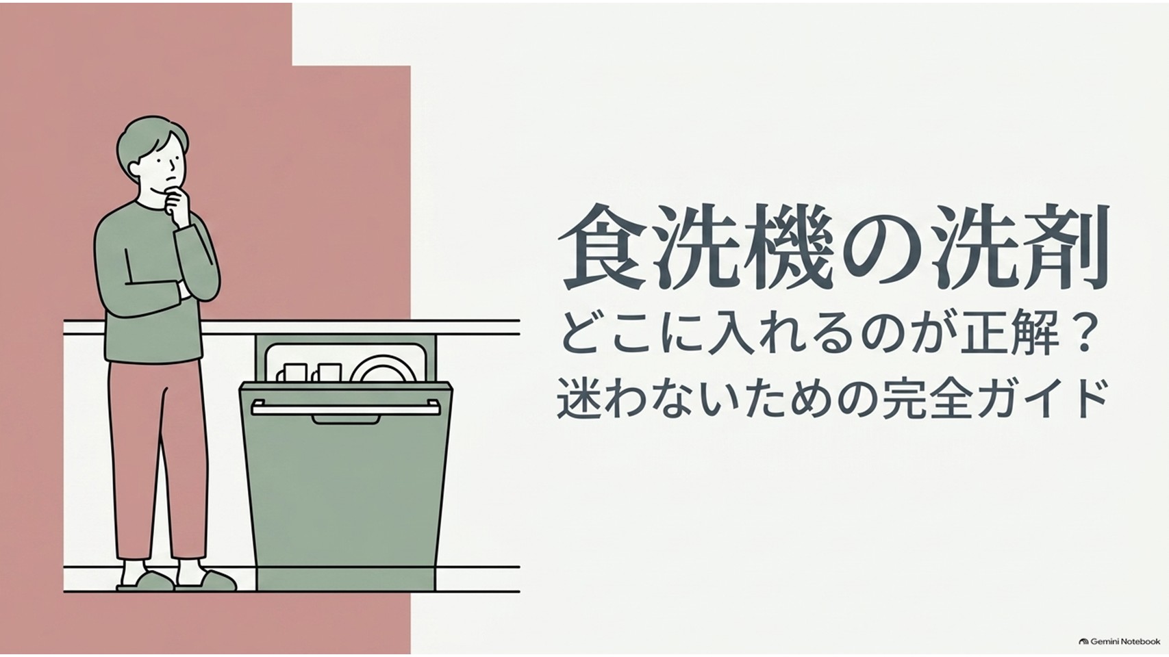 食洗機の横で洗剤の入れ場所を考える人物と、「食洗機の洗剤 どこに入れるのが正解？迷わないための完全ガイド」というテーマを示した導入スライド。食洗機用洗剤の投入口や正しい置き場所を解説する記事の全体像を表している。