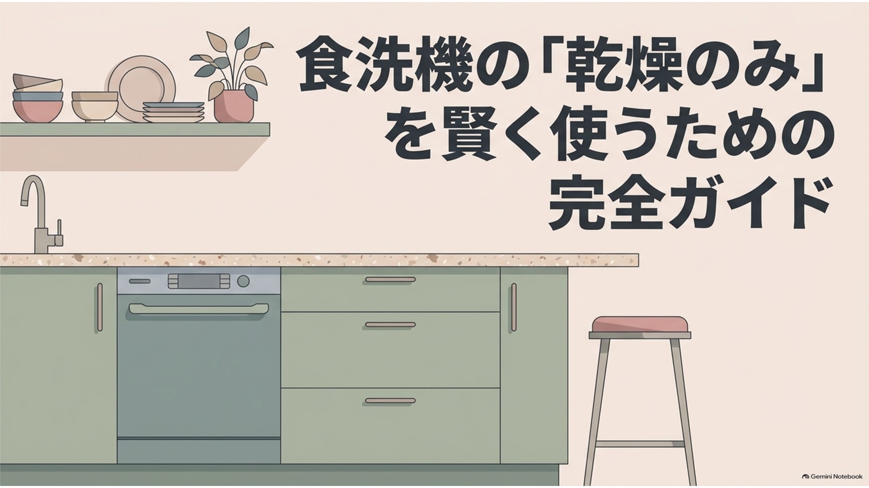 食洗機の「乾燥のみ」を賢く使うための完全ガイドを示すスライド。キッチンに組み込まれた食洗機と食器が描かれ、乾燥のみの使い方や注意点を解説する記事全体の内容を表している。