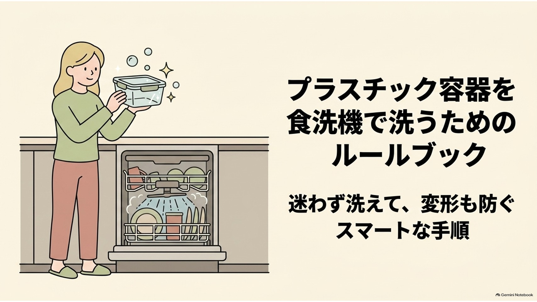 プラスチック容器を食洗機で安全に洗うための基本ルールを紹介するスライド。食洗機の前で保存容器を持つ女性と、食器が入った食洗機が描かれ、変形を防ぎながら洗うための手順を解説している。