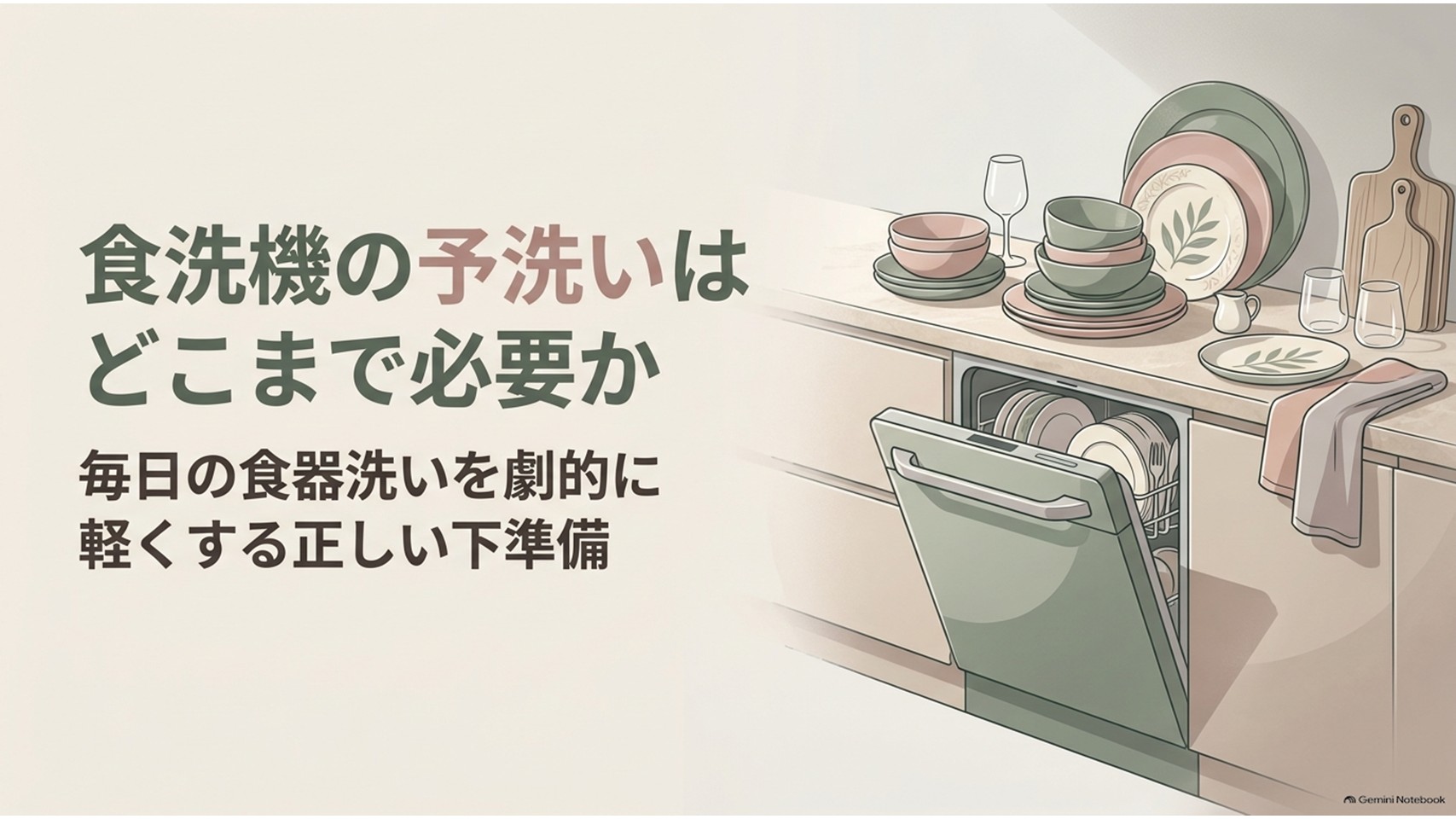 食洗機の予洗いはどこまで必要なのかを解説する導入スライド。食器が並ぶキッチンと開いた食洗機を背景に、毎日の食器洗いを軽くする正しい予洗いと下準備がテーマであることを示している。