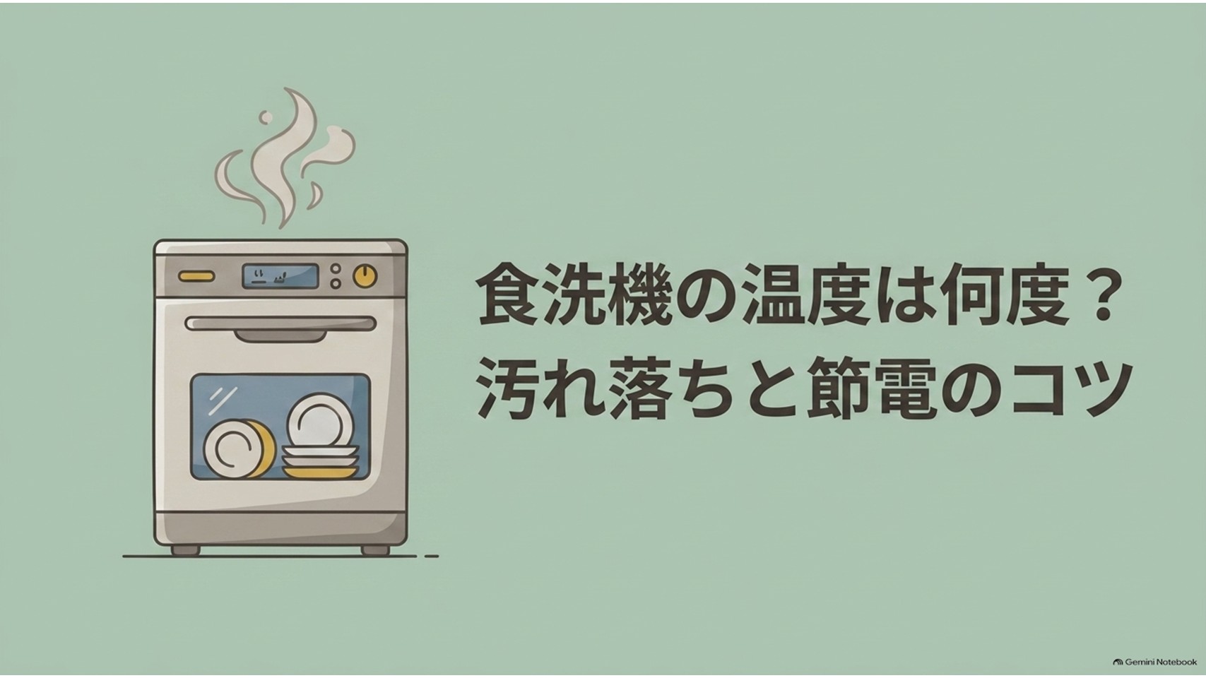 食洗機のイラストと「食洗機の温度は何度？汚れ落ちと節電のコツ」というタイトルを配置し、食洗機の洗浄温度や節電方法を解説する記事の概要を示したスライド。