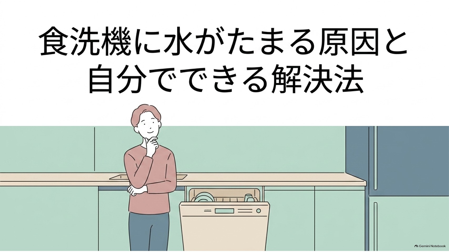 食洗機に水がたまる原因と自分でできる解決法を示すアイキャッチ画像。キッチンの前で困っている女性と、扉が開いた食洗機が描かれている。