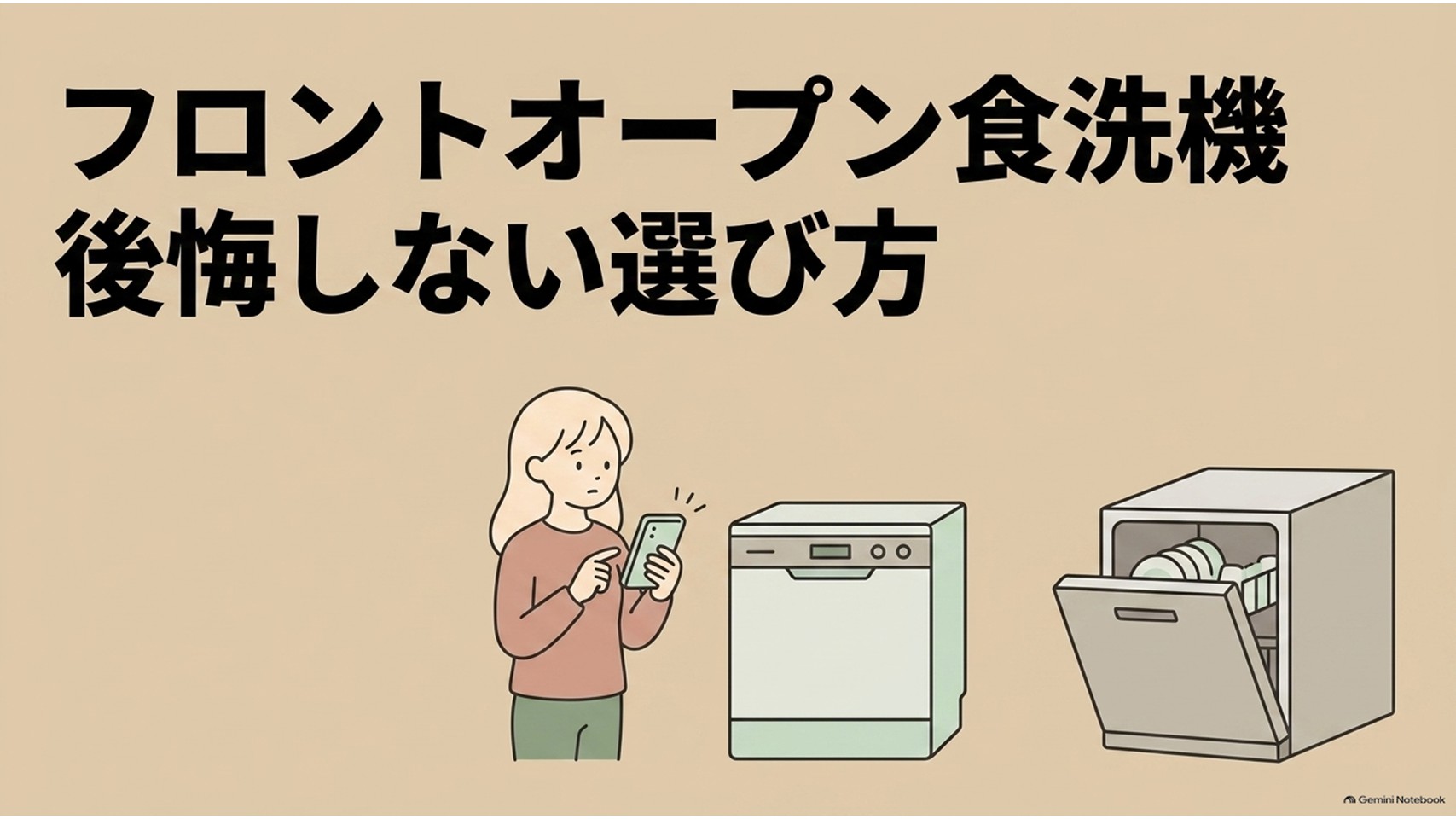 フロントオープン食洗機で後悔しない選び方を解説する導入スライド。食洗機を比較検討する女性と、閉じた食洗機、扉を開いて食器を収納したフロントオープン食洗機が描かれている。