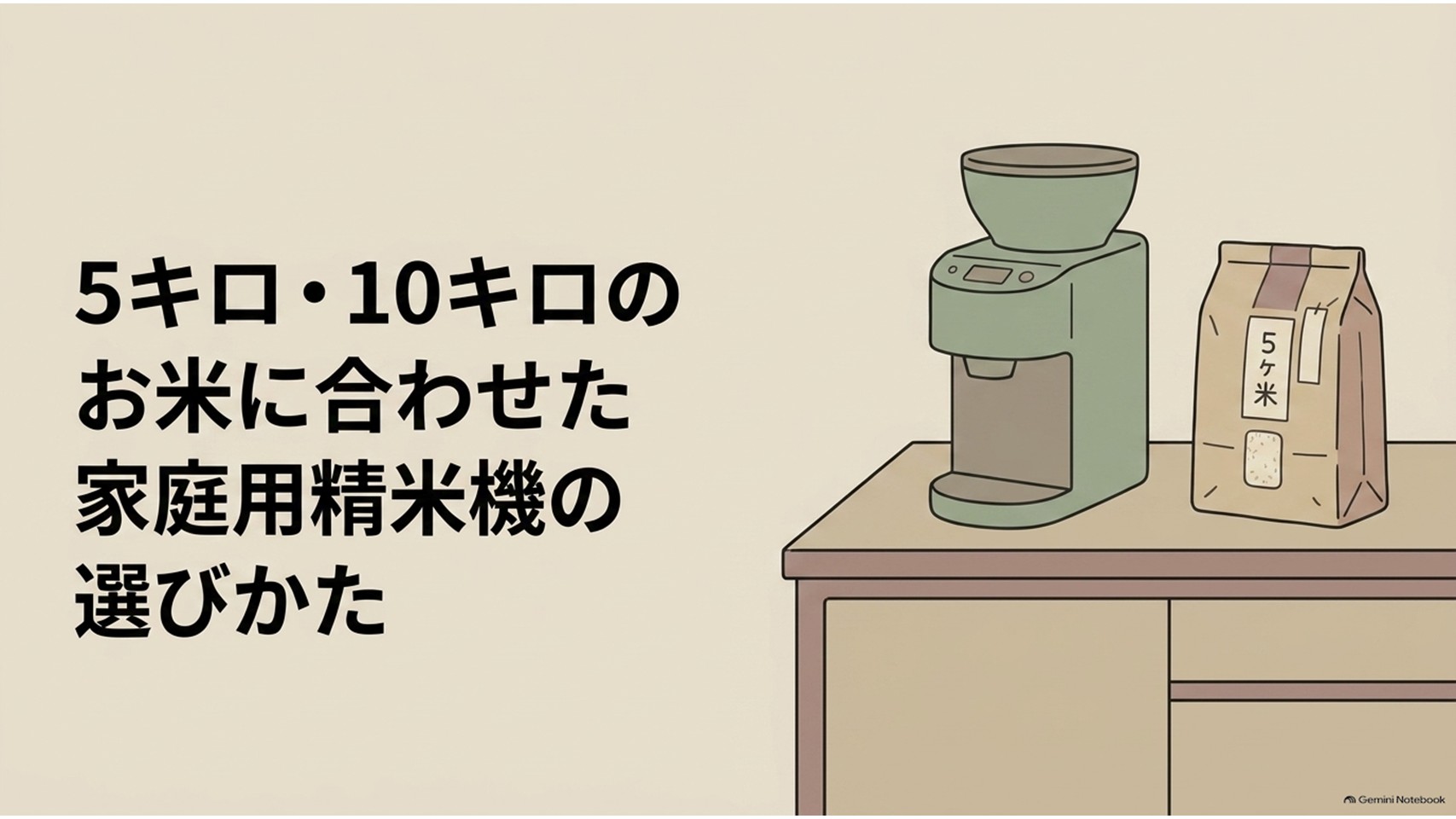 5キロと10キロの玄米袋に合わせて家庭用精米機を選ぶ方法を示すスライド。キッチン台の上に精米機とお米袋が置かれている。