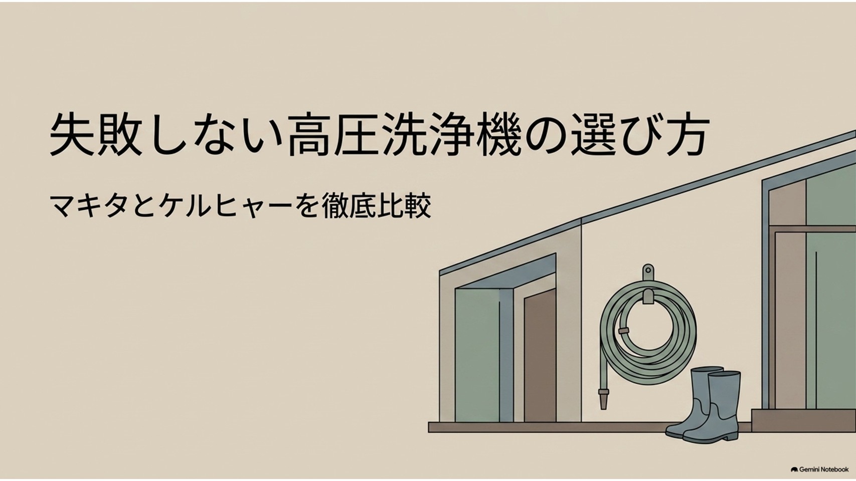 マキタとケルヒャーの高圧洗浄機を比較し、失敗しない選び方を解説する記事用の導入スライド。玄関まわりと掃除道具が描かれている。