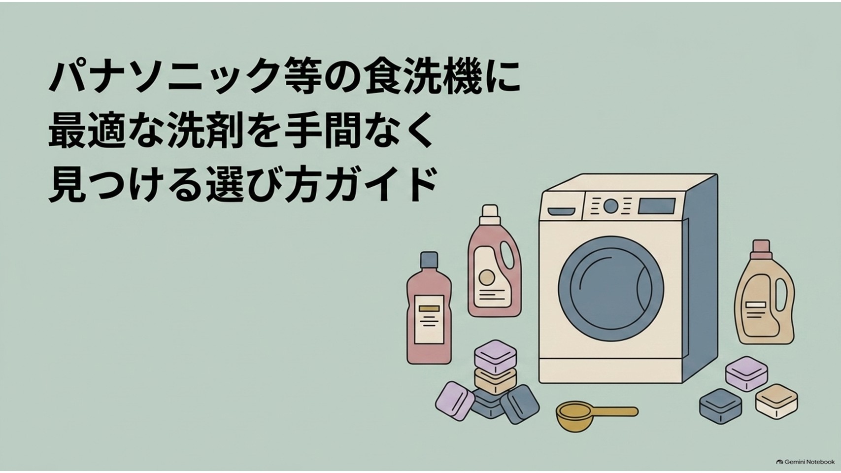パナソニックなどの食洗機に合う洗剤を選ぶためのガイド画像。食洗機本体の周りに液体洗剤、粉末洗剤、タブレット洗剤、計量スプーンが並んでいる。