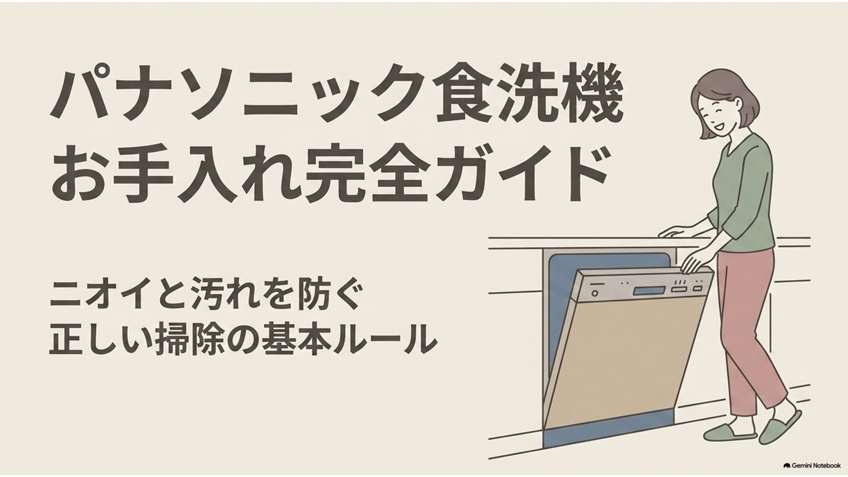 パナソニック食洗機の扉を開けてお手入れする女性と、ニオイや汚れを防ぐ基本ルールを示したアイキャッチ画像。